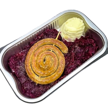 Chipolata rol met rode kool en puree